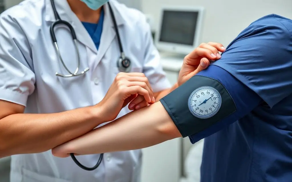 Profissional de saúde medindo pressão arterial