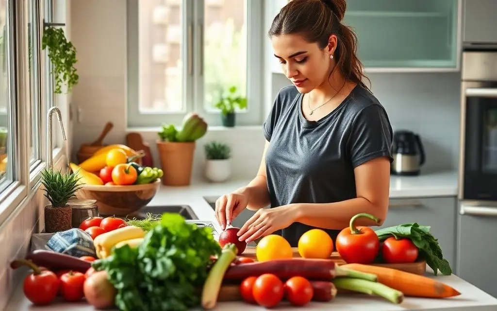 Mulher preparando comida saudável na cozinha
