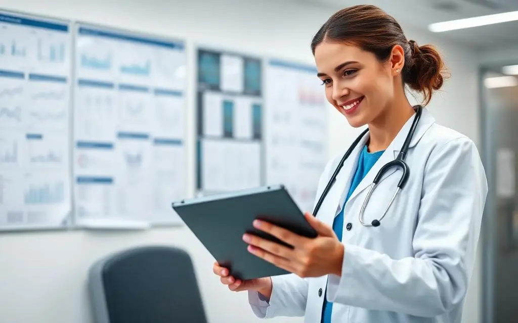 Médica com tablet para acompanhamento contínuo