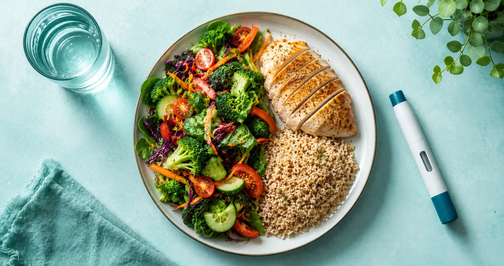 Prato equilibrado com proteína, fibras e comida de verdade durante o tratamento com canetas emagrecedoras